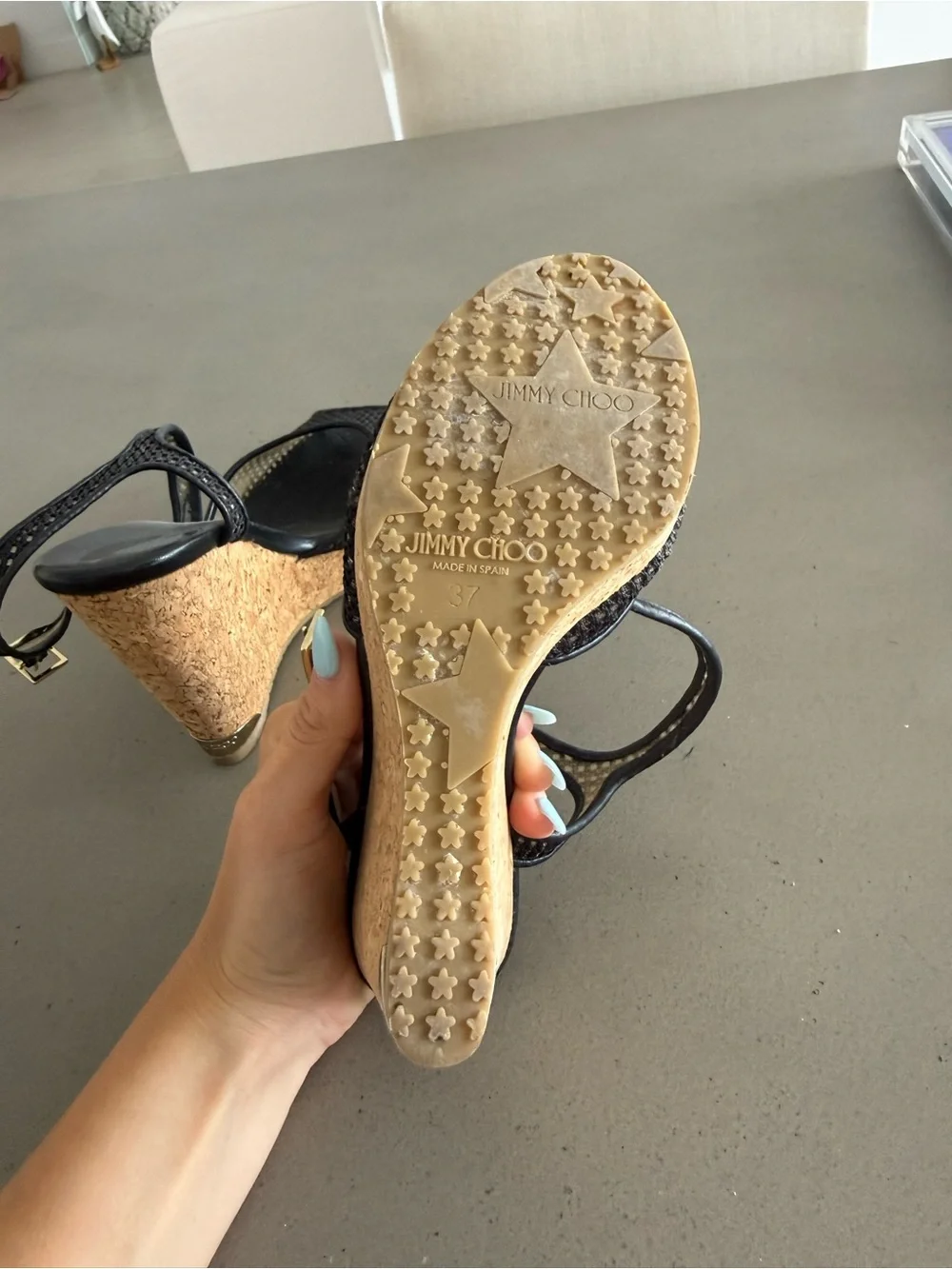 Jimmy Choo Black Mesh Cork Wedge Sandals
